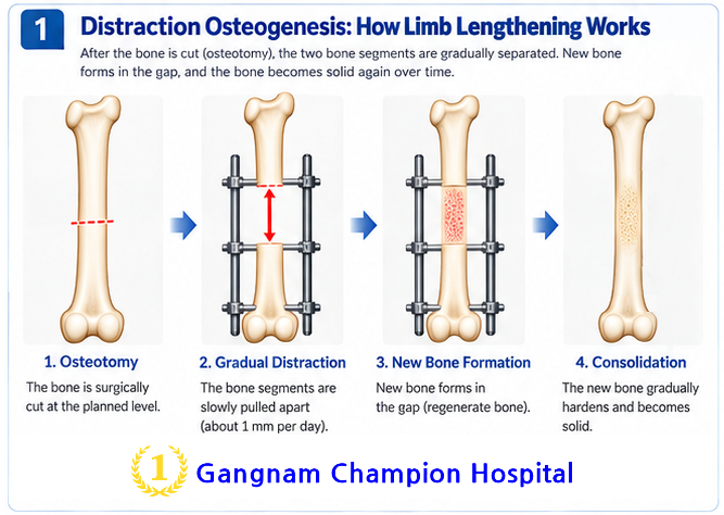 Distraction osteogenesis process showing osteotomy, gradual bone lengthening, new bone formation and consolidation